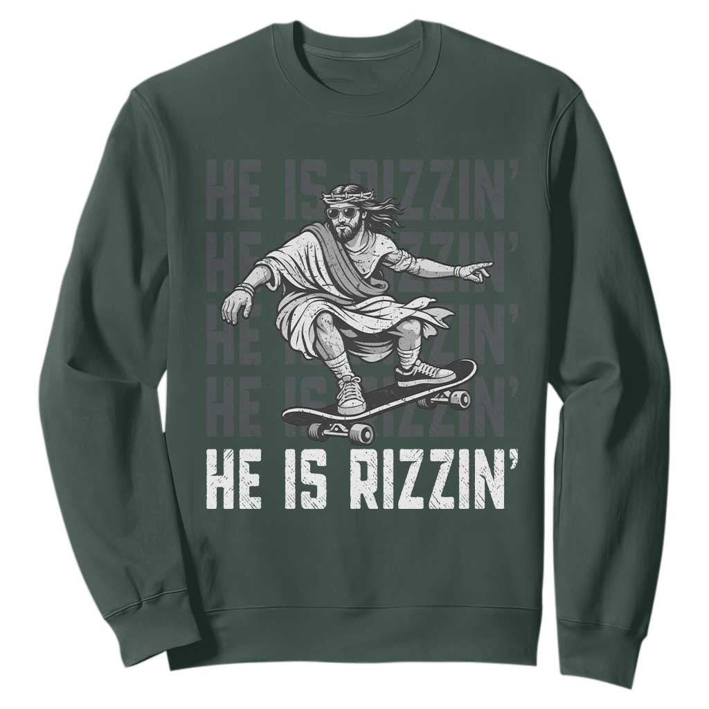 He Is Rizzin Funny Christian Easter Skateboarding Jesus Meme Sweatshirt Faith Humor Trendy Youth Gift TS02 Dark Forest Green Print Your Wear