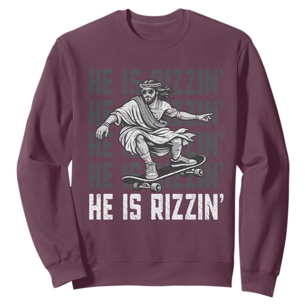 He Is Rizzin Funny Christian Easter Skateboarding Jesus Meme Sweatshirt Faith Humor Trendy Youth Gift TS02 Maroon Print Your Wear