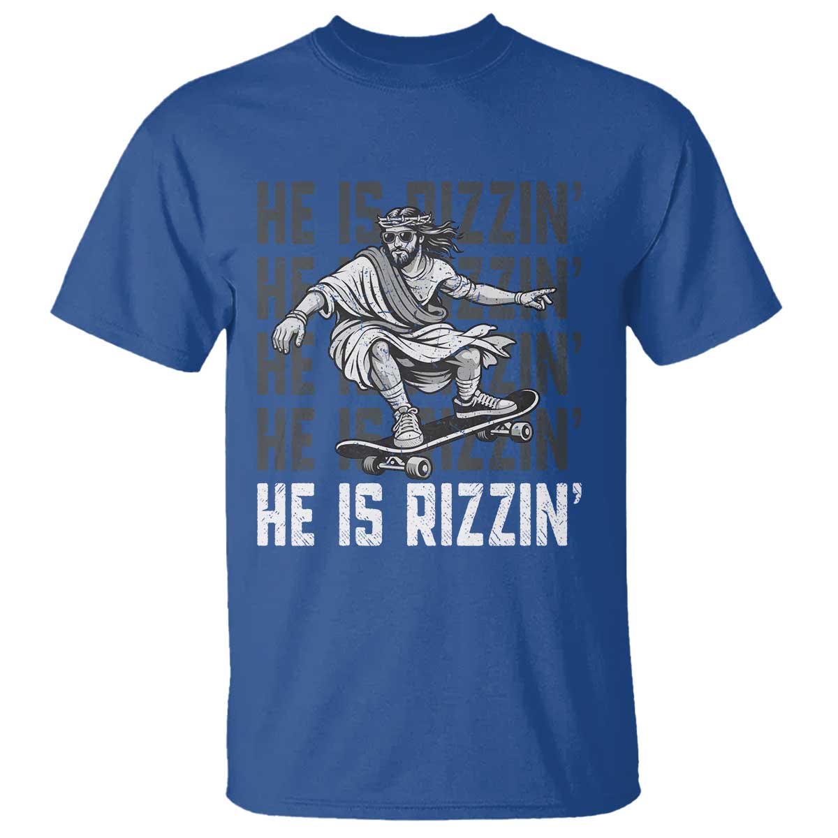 He Is Rizzin Funny Christian Easter Skateboarding Jesus Meme T Shirt Faith Humor Trendy Youth Gift TS02 Royal Blue Print Your Wear