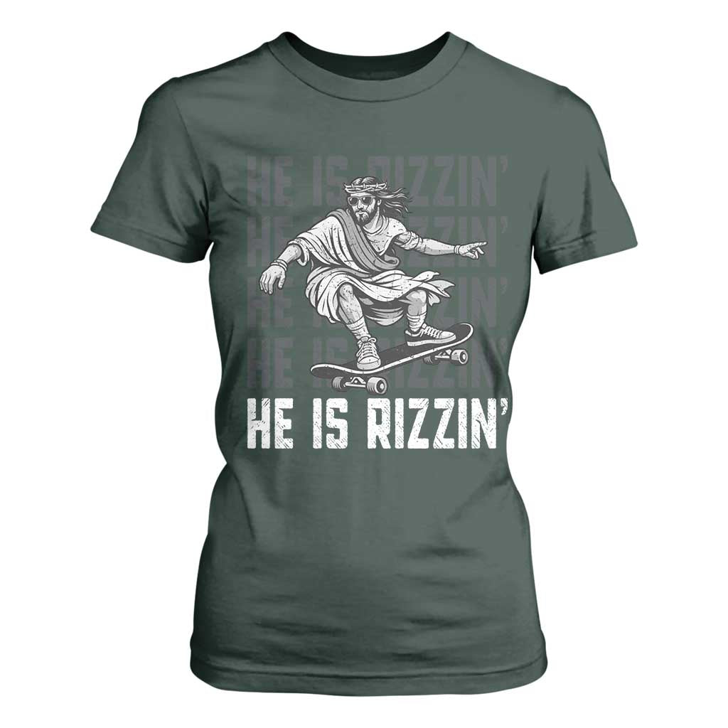 He Is Rizzin Funny Christian Easter Skateboarding Jesus Meme T Shirt For Women Faith Humor Trendy Youth Gift TS02 Dark Forest Green Print Your Wear