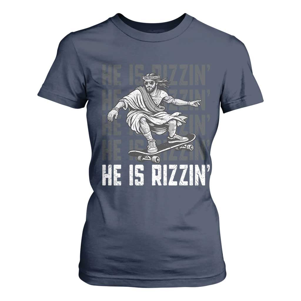 He Is Rizzin Funny Christian Easter Skateboarding Jesus Meme T Shirt For Women Faith Humor Trendy Youth Gift TS02 Navy Print Your Wear