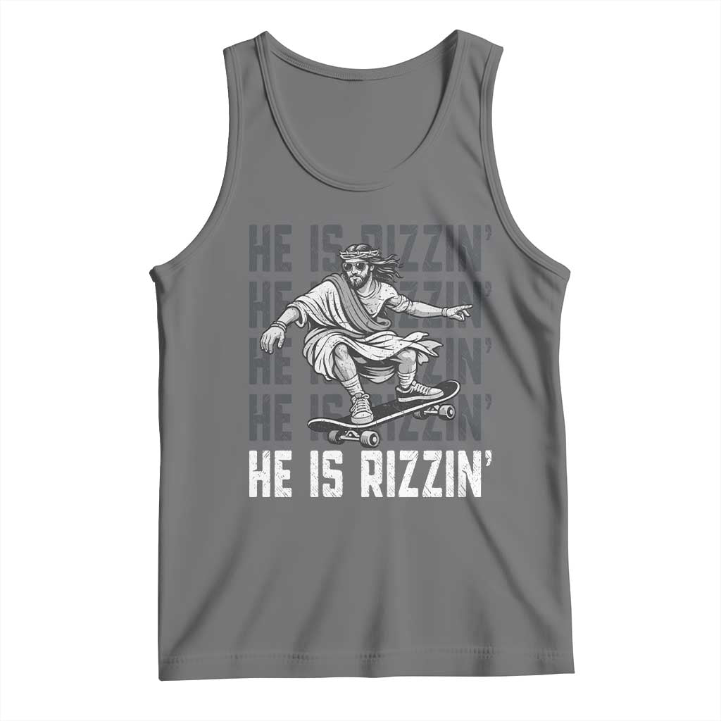 He Is Rizzin Funny Christian Easter Skateboarding Jesus Meme Tank Top Faith Humor Trendy Youth Gift TS02 Black Heather Print Your Wear