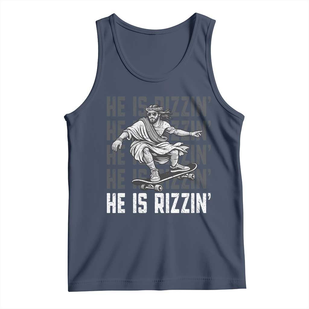 He Is Rizzin Funny Christian Easter Skateboarding Jesus Meme Tank Top Faith Humor Trendy Youth Gift TS02 Navy Print Your Wear