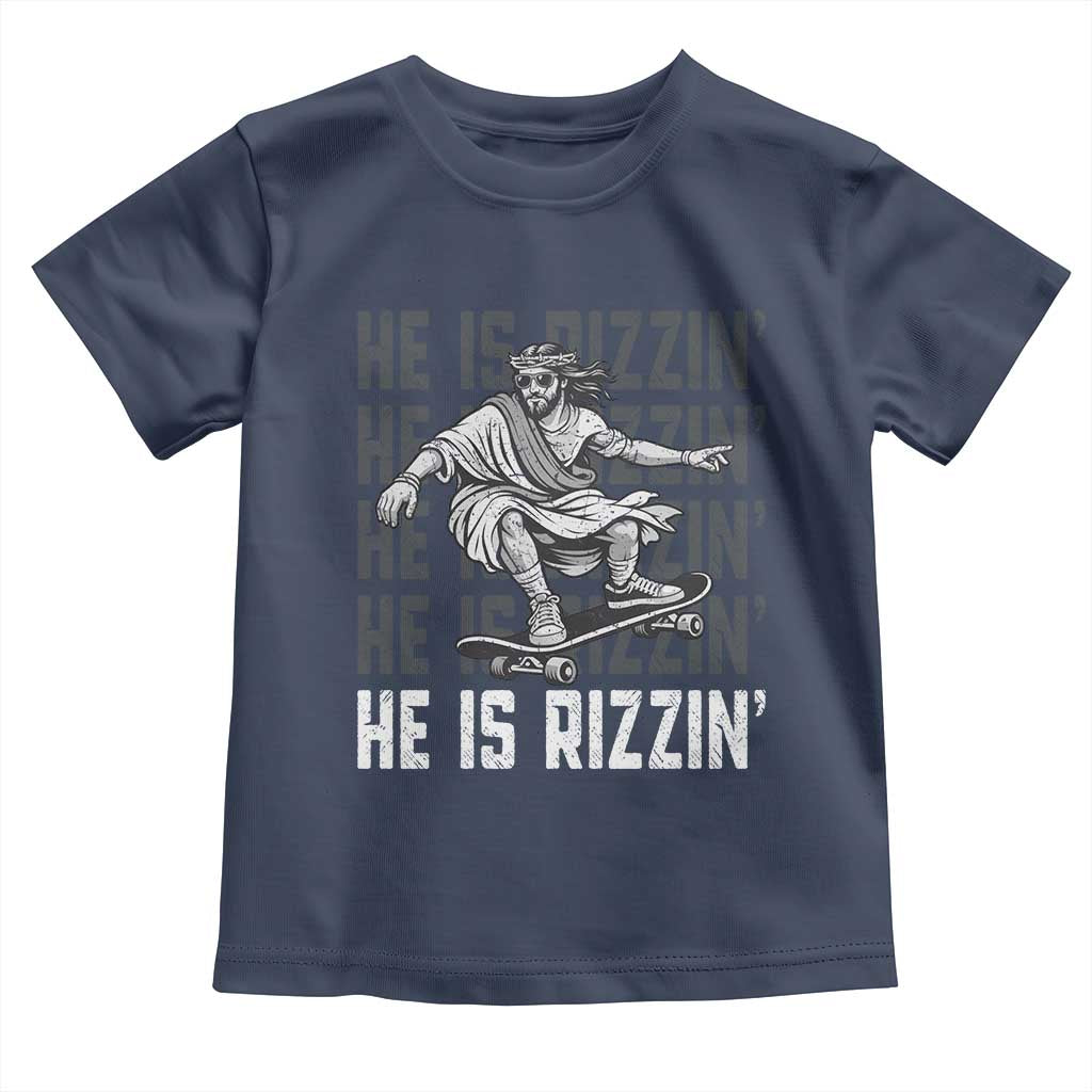 He Is Rizzin Funny Christian Easter Skateboarding Jesus Meme Toddler T Shirt Faith Humor Trendy Youth Gift TS02 Navy Print Your Wear