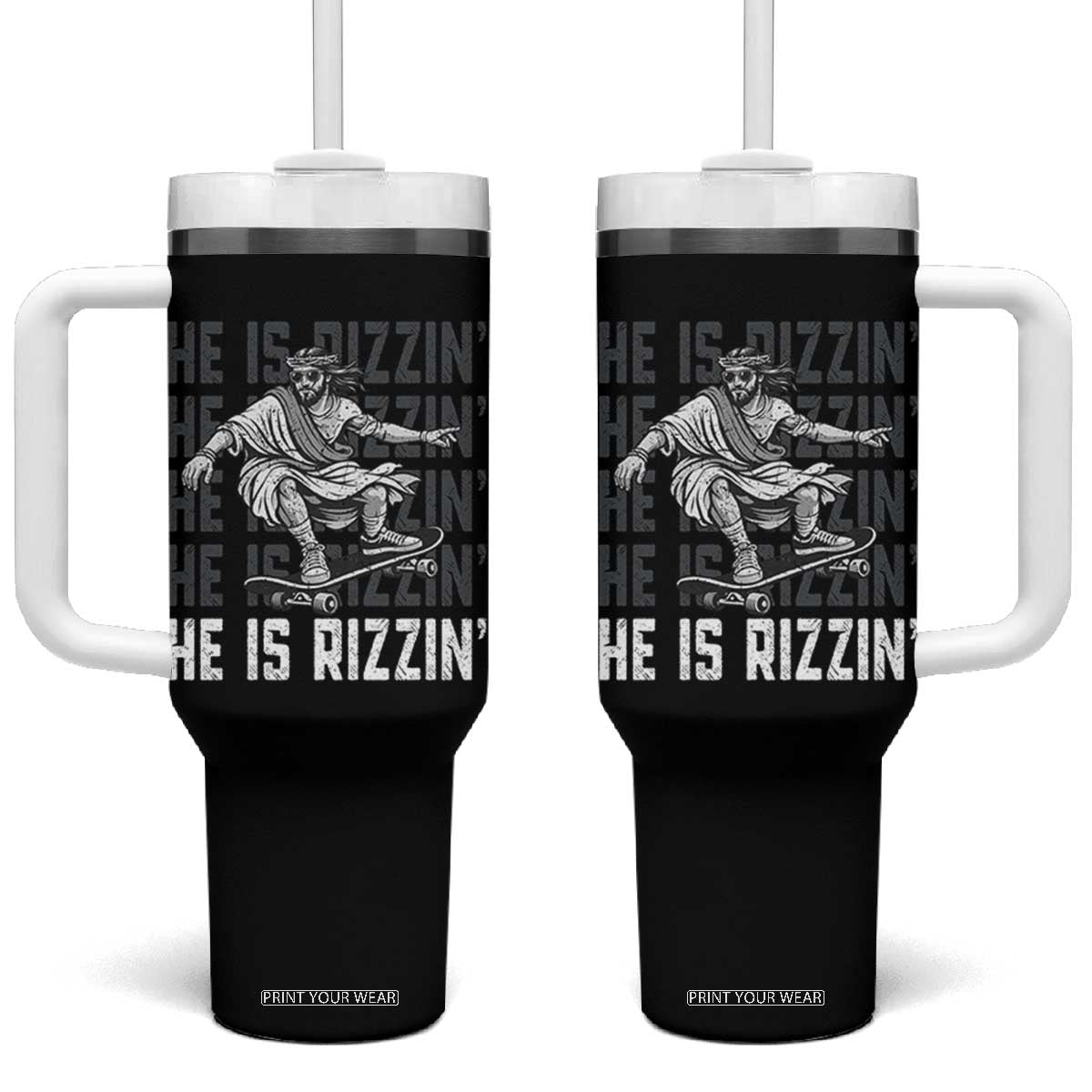 He Is Rizzin Funny Christian Easter Skateboarding Jesus Meme Tumbler With Handle Faith Humor Trendy Youth Gift TS02 One Size: 40 oz Black Print Your Wear