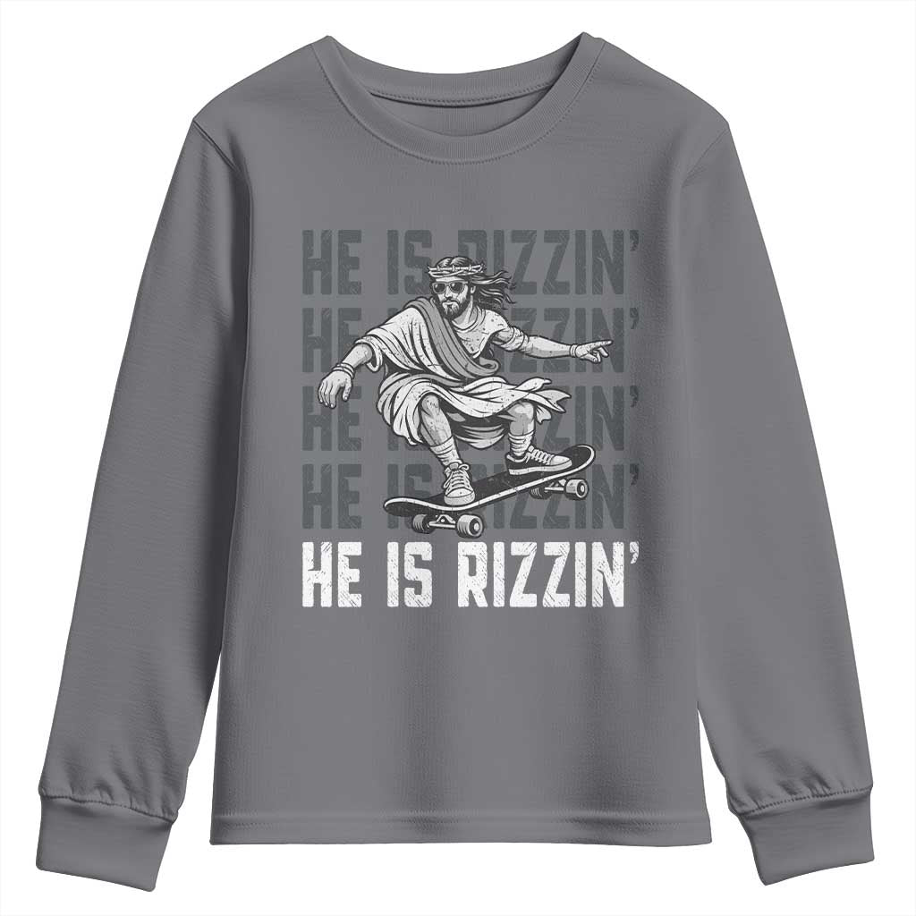 He Is Rizzin Funny Christian Easter Skateboarding Jesus Meme Youth Sweatshirt Faith Humor Trendy Youth Gift TS02 Charcoal Print Your Wear