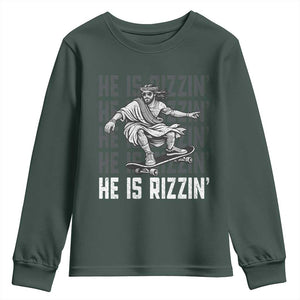 He Is Rizzin Funny Christian Easter Skateboarding Jesus Meme Youth Sweatshirt Faith Humor Trendy Youth Gift TS02 Dark Forest Green Print Your Wear