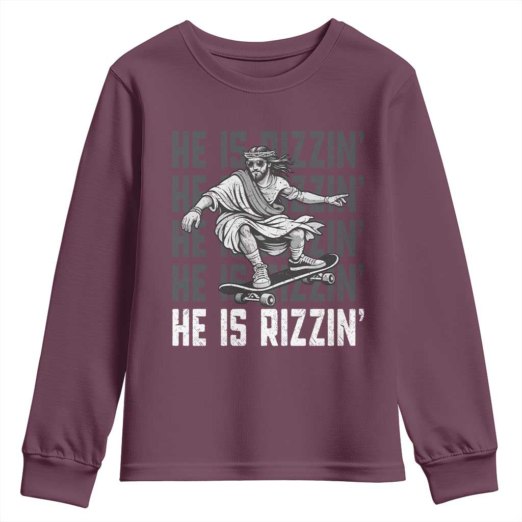 He Is Rizzin Funny Christian Easter Skateboarding Jesus Meme Youth Sweatshirt Faith Humor Trendy Youth Gift TS02 Maroon Print Your Wear