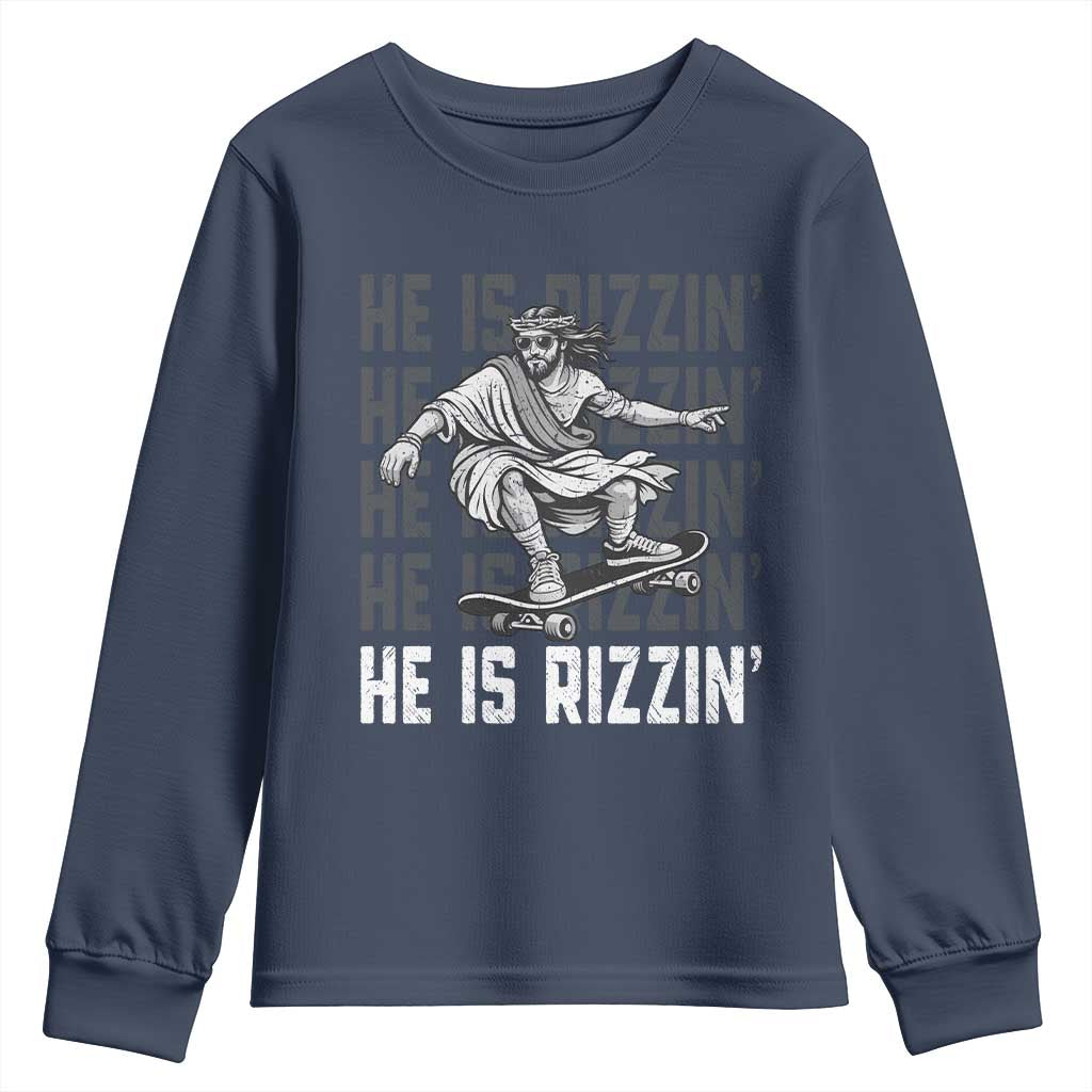 He Is Rizzin Funny Christian Easter Skateboarding Jesus Meme Youth Sweatshirt Faith Humor Trendy Youth Gift TS02 Navy Print Your Wear