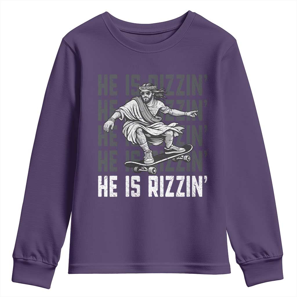 He Is Rizzin Funny Christian Easter Skateboarding Jesus Meme Youth Sweatshirt Faith Humor Trendy Youth Gift TS02 Purple Print Your Wear