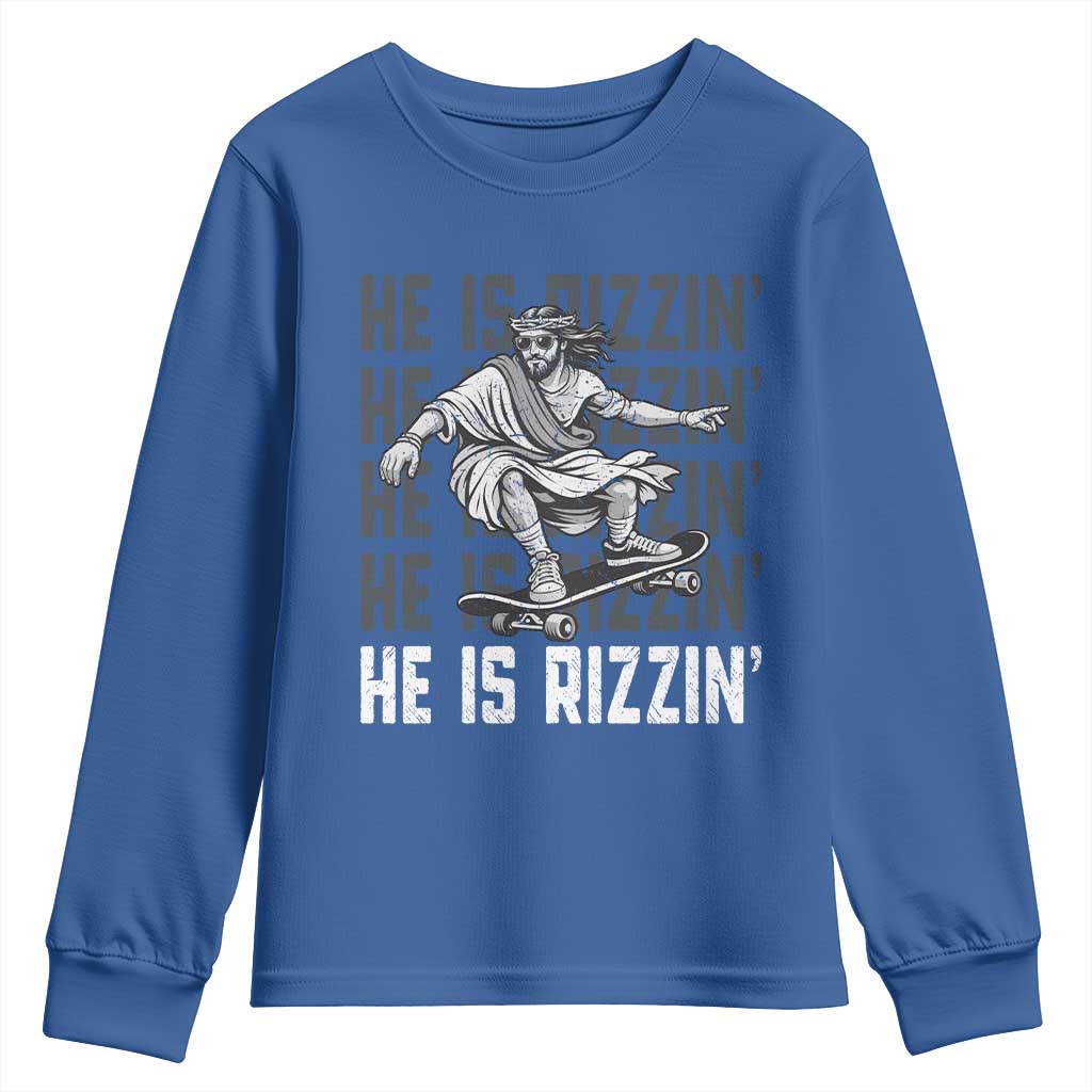 He Is Rizzin Funny Christian Easter Skateboarding Jesus Meme Youth Sweatshirt Faith Humor Trendy Youth Gift TS02 Royal Blue Print Your Wear