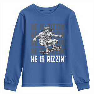 He Is Rizzin Funny Christian Easter Skateboarding Jesus Meme Youth Sweatshirt Faith Humor Trendy Youth Gift TS02 Royal Blue Print Your Wear