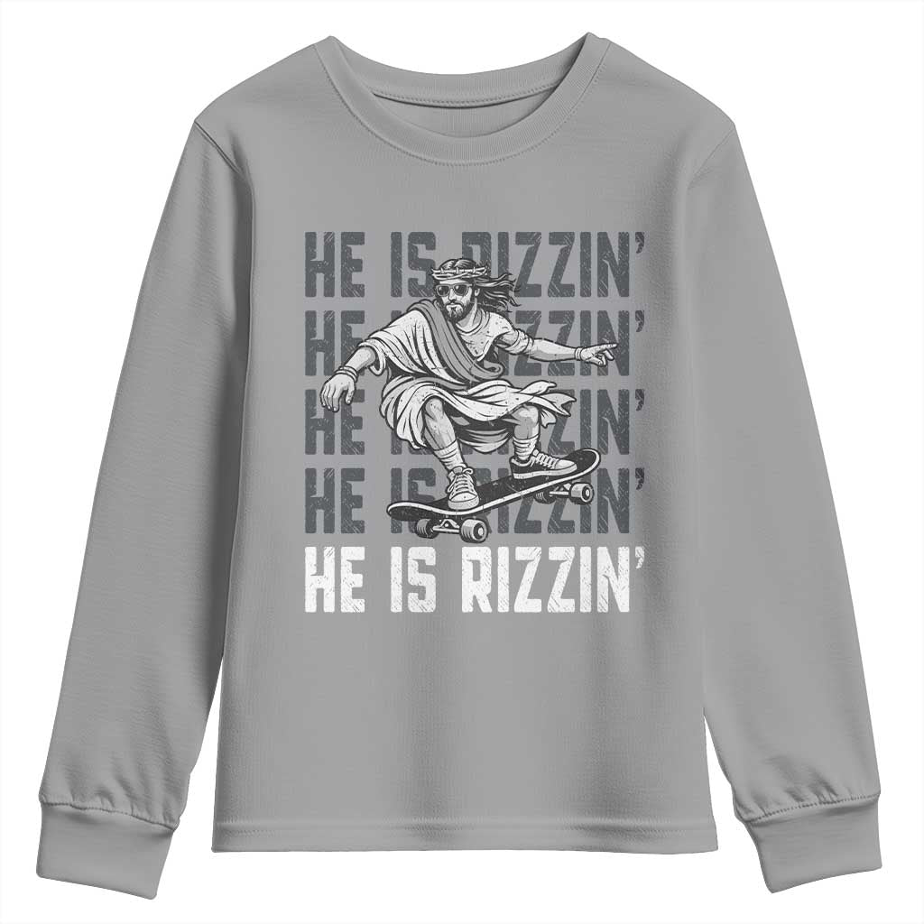 He Is Rizzin Funny Christian Easter Skateboarding Jesus Meme Youth Sweatshirt Faith Humor Trendy Youth Gift TS02 Sport Gray Print Your Wear