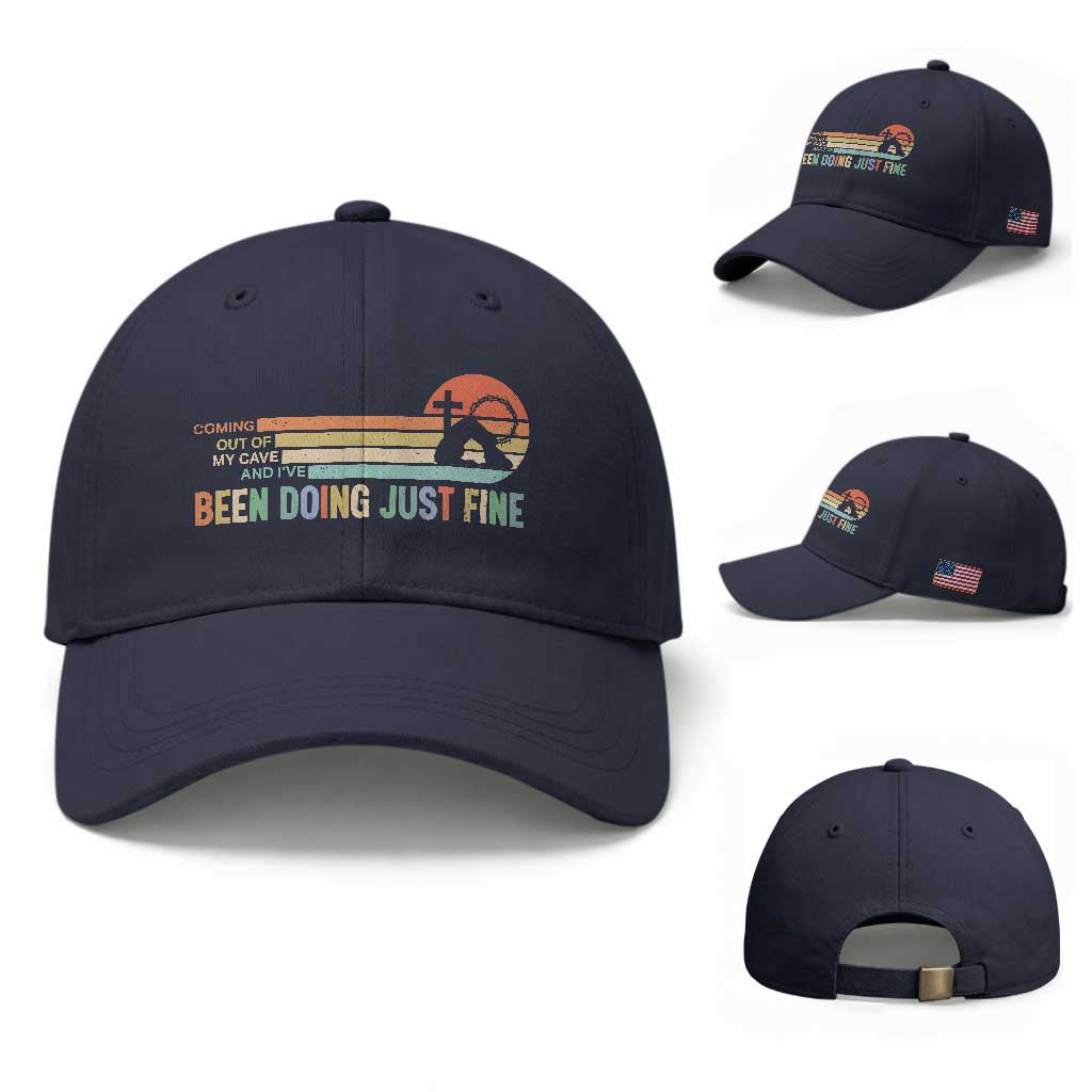 Retro Coming Out Of My Cave Christian Easter Parody Baseball Cap I’ve Been Doing Just Fine Resurrection Humor Faith Gift TS02 Baseball Cap Universal Fit Navy Print Your Wear