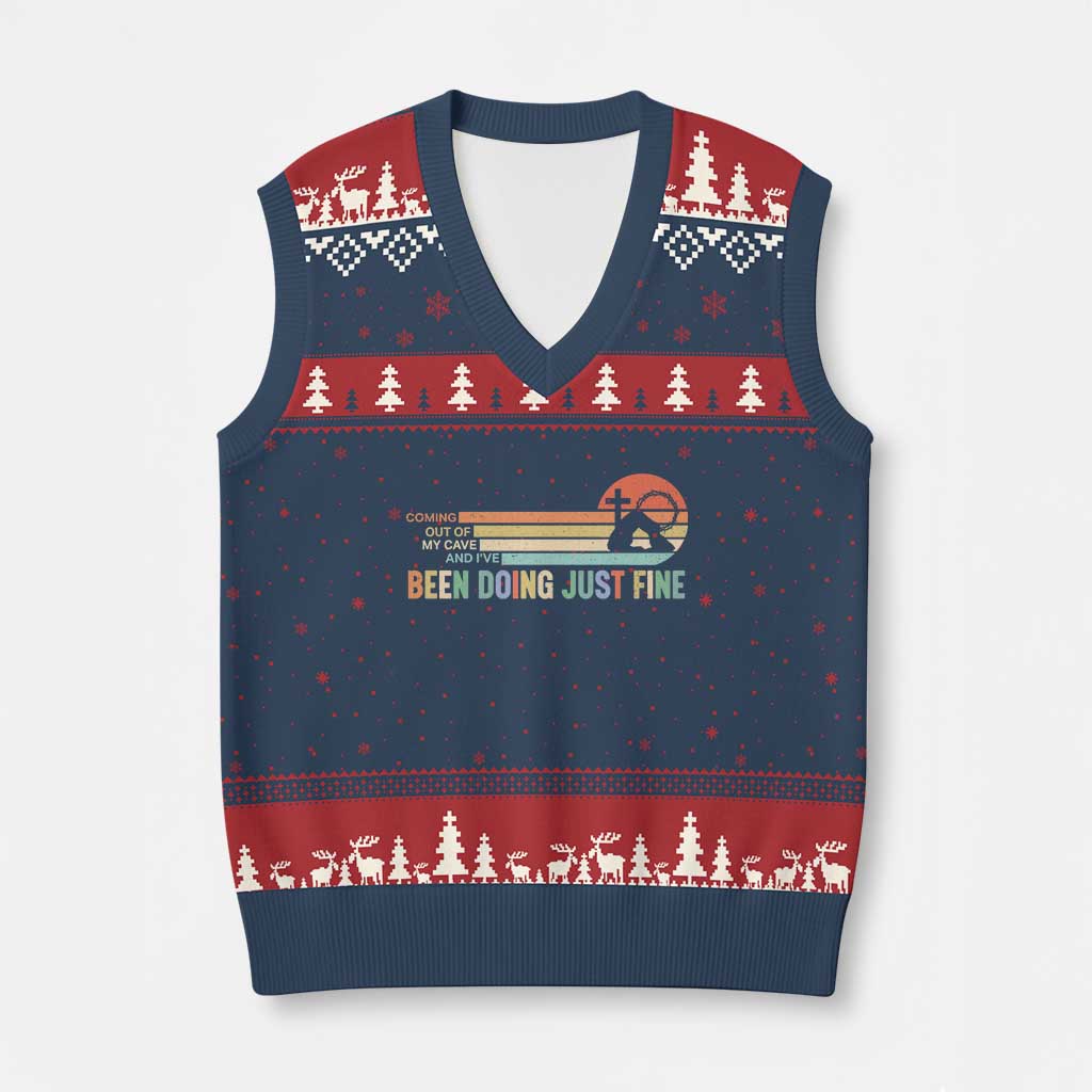 Retro Coming Out Of My Cave Christian Easter Parody V-Neck Knit Sweater Vest I’ve Been Doing Just Fine Resurrection Humor Faith Gift TS02 Navy Red Print Your Wear