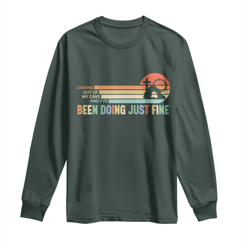 Retro Coming Out Of My Cave Christian Easter Parody Long Sleeve Shirt I’ve Been Doing Just Fine Resurrection Humor Faith Gift TS02 Dark Forest Green Print Your Wear
