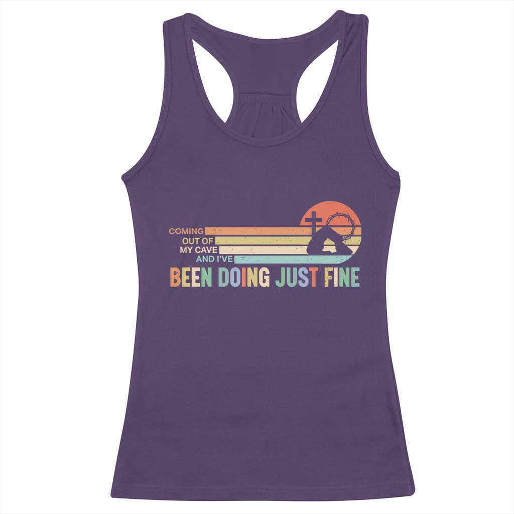 Retro Coming Out Of My Cave Christian Easter Parody Racerback Tank Top I’ve Been Doing Just Fine Resurrection Humor Faith Gift TS02 Purple Print Your Wear