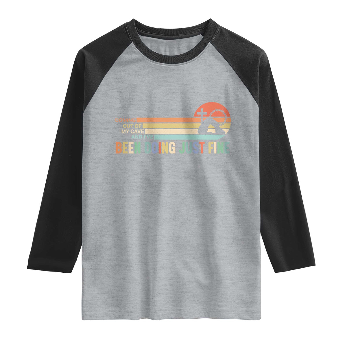 Retro Coming Out Of My Cave Christian Easter Parody Raglan Shirt I’ve Been Doing Just Fine Resurrection Humor Faith Gift TS02 Heather Gray Black Print Your Wear
