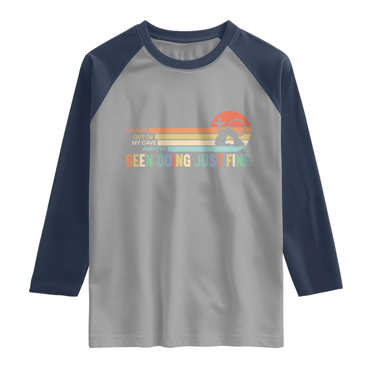 Retro Coming Out Of My Cave Christian Easter Parody Raglan Shirt I’ve Been Doing Just Fine Resurrection Humor Faith Gift TS02 Sport Gray Navy Print Your Wear