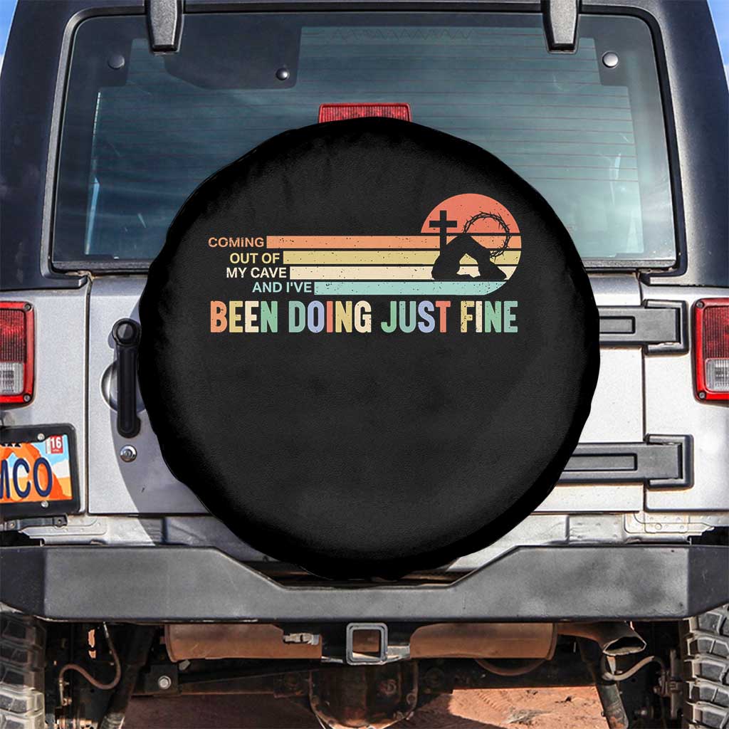 Retro Coming Out Of My Cave Christian Easter Parody Spare Tire Cover I’ve Been Doing Just Fine Resurrection Humor Faith Gift TS02 No hole Black Print Your Wear