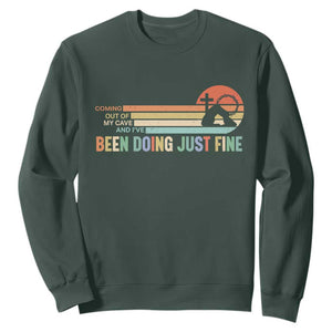 Retro Coming Out Of My Cave Christian Easter Parody Sweatshirt I’ve Been Doing Just Fine Resurrection Humor Faith Gift TS02 Dark Forest Green Print Your Wear