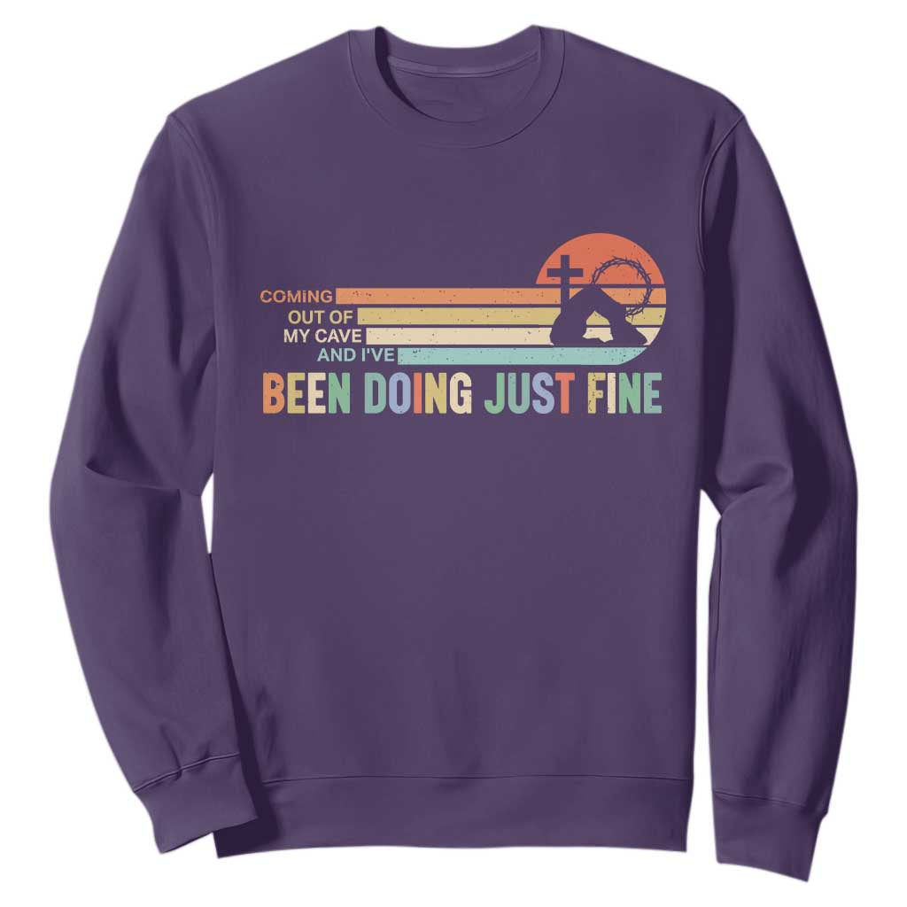Retro Coming Out Of My Cave Christian Easter Parody Sweatshirt I’ve Been Doing Just Fine Resurrection Humor Faith Gift TS02 Purple Print Your Wear