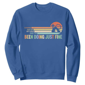 Retro Coming Out Of My Cave Christian Easter Parody Sweatshirt I’ve Been Doing Just Fine Resurrection Humor Faith Gift TS02 Royal Blue Print Your Wear