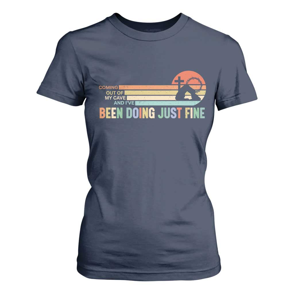 Retro Coming Out Of My Cave Christian Easter Parody T Shirt For Women I’ve Been Doing Just Fine Resurrection Humor Faith Gift TS02 Navy Print Your Wear