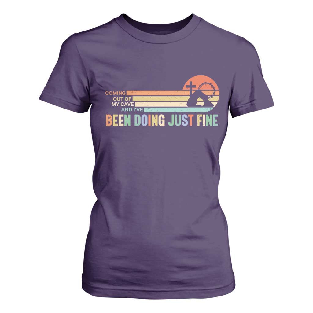 Retro Coming Out Of My Cave Christian Easter Parody T Shirt For Women I’ve Been Doing Just Fine Resurrection Humor Faith Gift TS02 Purple Print Your Wear