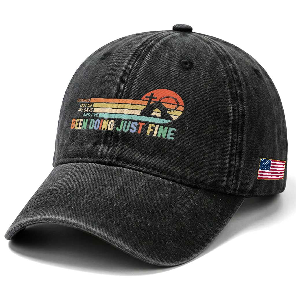 Retro Coming Out Of My Cave Christian Easter Parody Washed Cotton Baseball Cap I’ve Been Doing Just Fine Resurrection Humor Faith Gift TS02 Print Your Wear