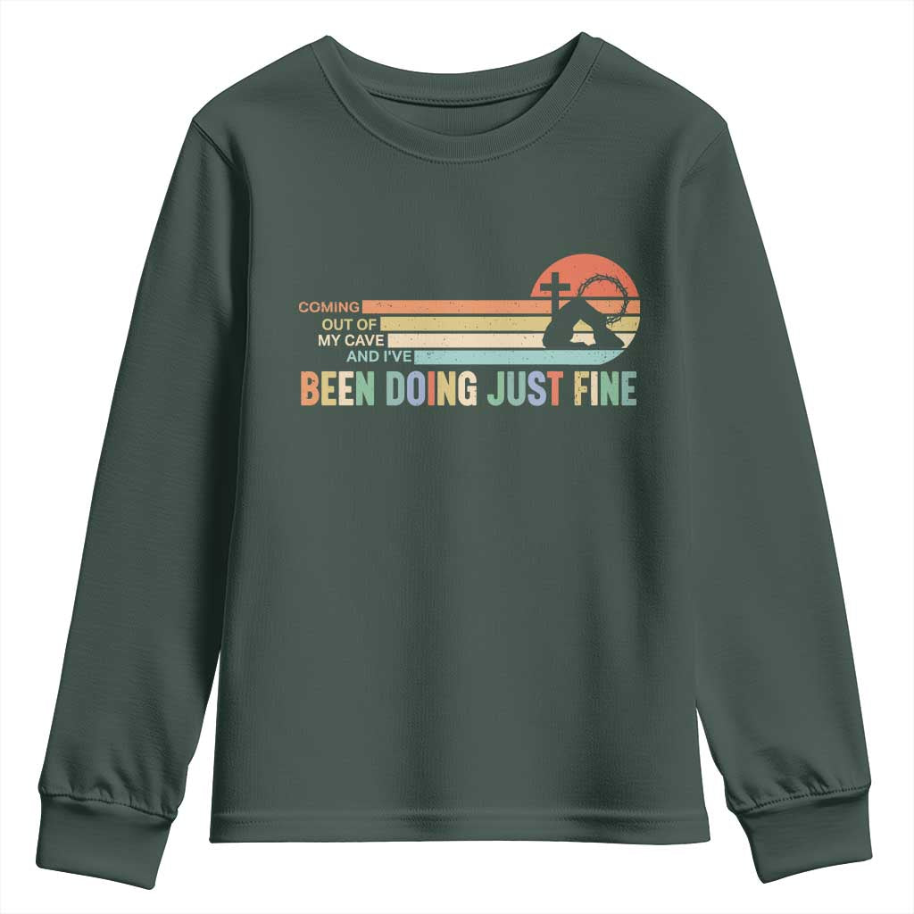 Retro Coming Out Of My Cave Christian Easter Parody Youth Sweatshirt I’ve Been Doing Just Fine Resurrection Humor Faith Gift TS02 Dark Forest Green Print Your Wear