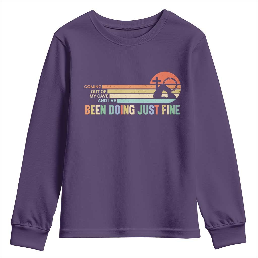 Retro Coming Out Of My Cave Christian Easter Parody Youth Sweatshirt I’ve Been Doing Just Fine Resurrection Humor Faith Gift TS02 Purple Print Your Wear