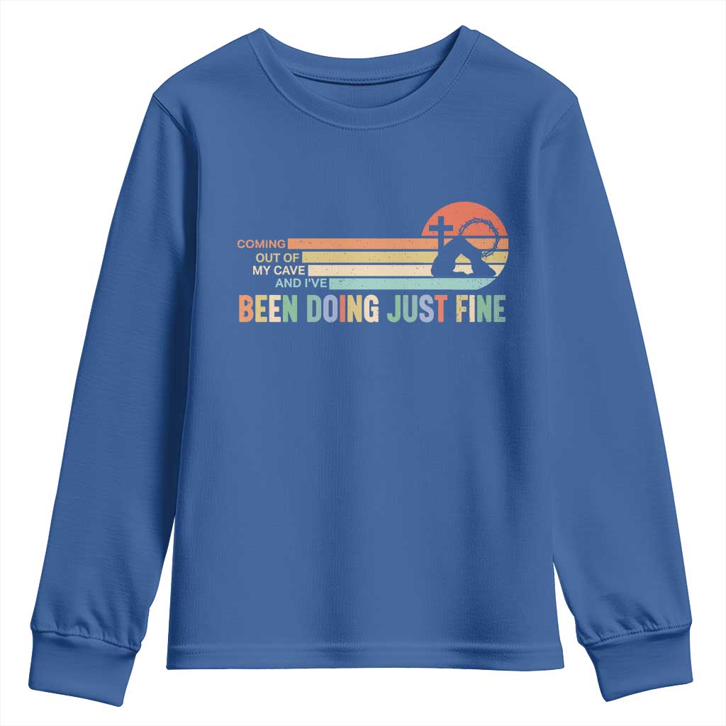 Retro Coming Out Of My Cave Christian Easter Parody Youth Sweatshirt I’ve Been Doing Just Fine Resurrection Humor Faith Gift TS02 Royal Blue Print Your Wear