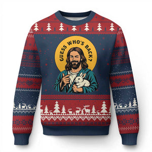 Guess Who is Back Funny Christian Easter Ugly Christmas Sweater Winking Jesus with Lamb Cute Resurrection Humor Gift TS02 Navy Red Print Your Wear