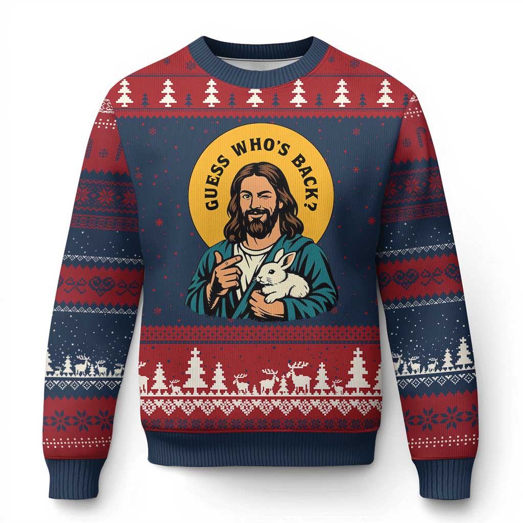 Guess Who is Back Funny Christian Easter Ugly Christmas Sweater Winking Jesus with Lamb Cute Resurrection Humor Gift TS02 Navy Red Print Your Wear