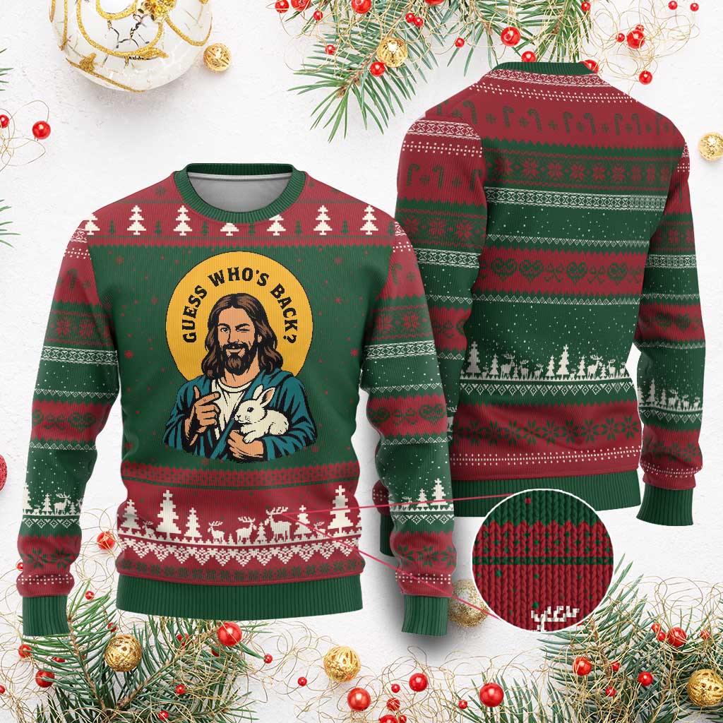 Guess Who is Back Funny Christian Easter Ugly Christmas Sweater Winking Jesus with Lamb Cute Resurrection Humor Gift TS02 Red Green Print Your Wear