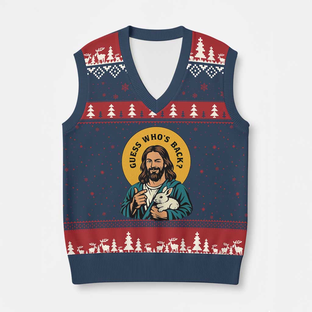 Guess Who is Back Funny Christian Easter V-Neck Knit Sweater Vest Winking Jesus with Lamb Cute Resurrection Humor Gift TS02 Navy Red Print Your Wear