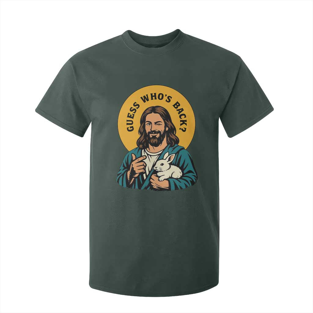 Guess Who is Back Funny Christian Easter T Shirt For Kid Winking Jesus with Lamb Cute Resurrection Humor Gift TS02 Dark Forest Green Print Your Wear