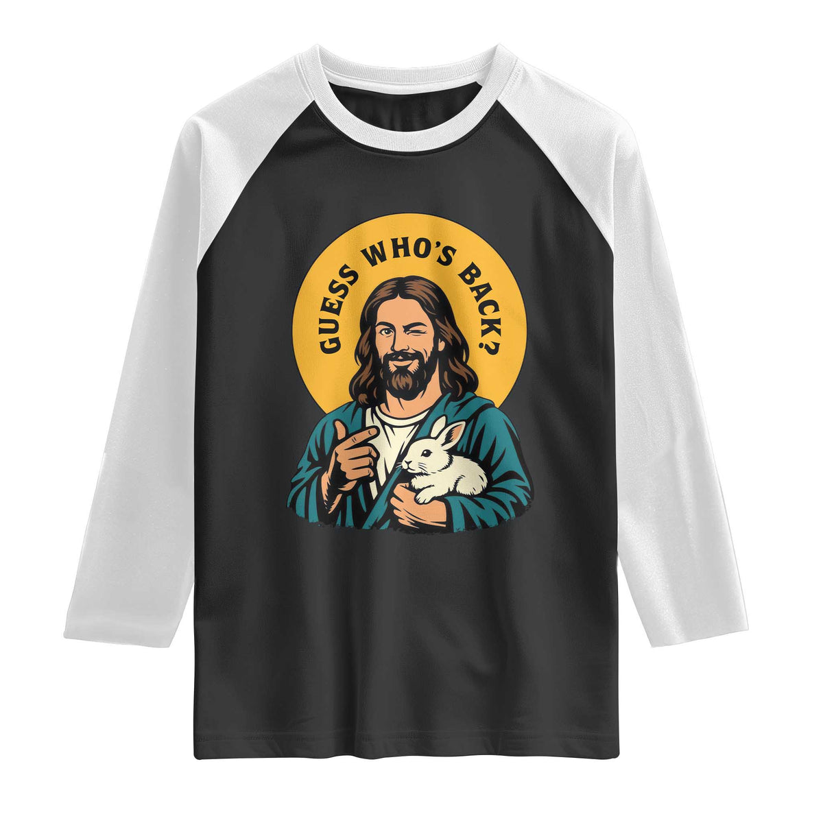 Guess Who is Back Funny Christian Easter Raglan Shirt Winking Jesus with Lamb Cute Resurrection Humor Gift TS02 Black White Print Your Wear
