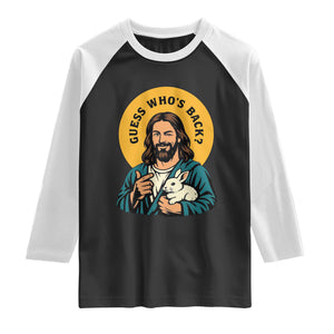 Guess Who is Back Funny Christian Easter Raglan Shirt Winking Jesus with Lamb Cute Resurrection Humor Gift TS02 Black White Print Your Wear