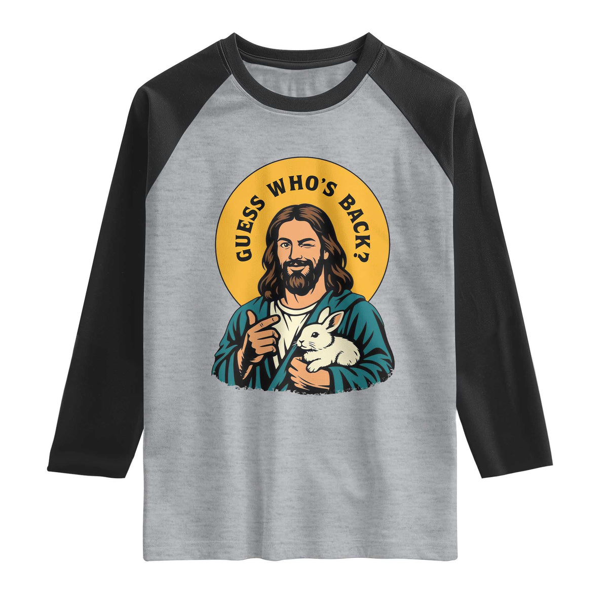 Guess Who is Back Funny Christian Easter Raglan Shirt Winking Jesus with Lamb Cute Resurrection Humor Gift TS02 Heather Gray Black Print Your Wear