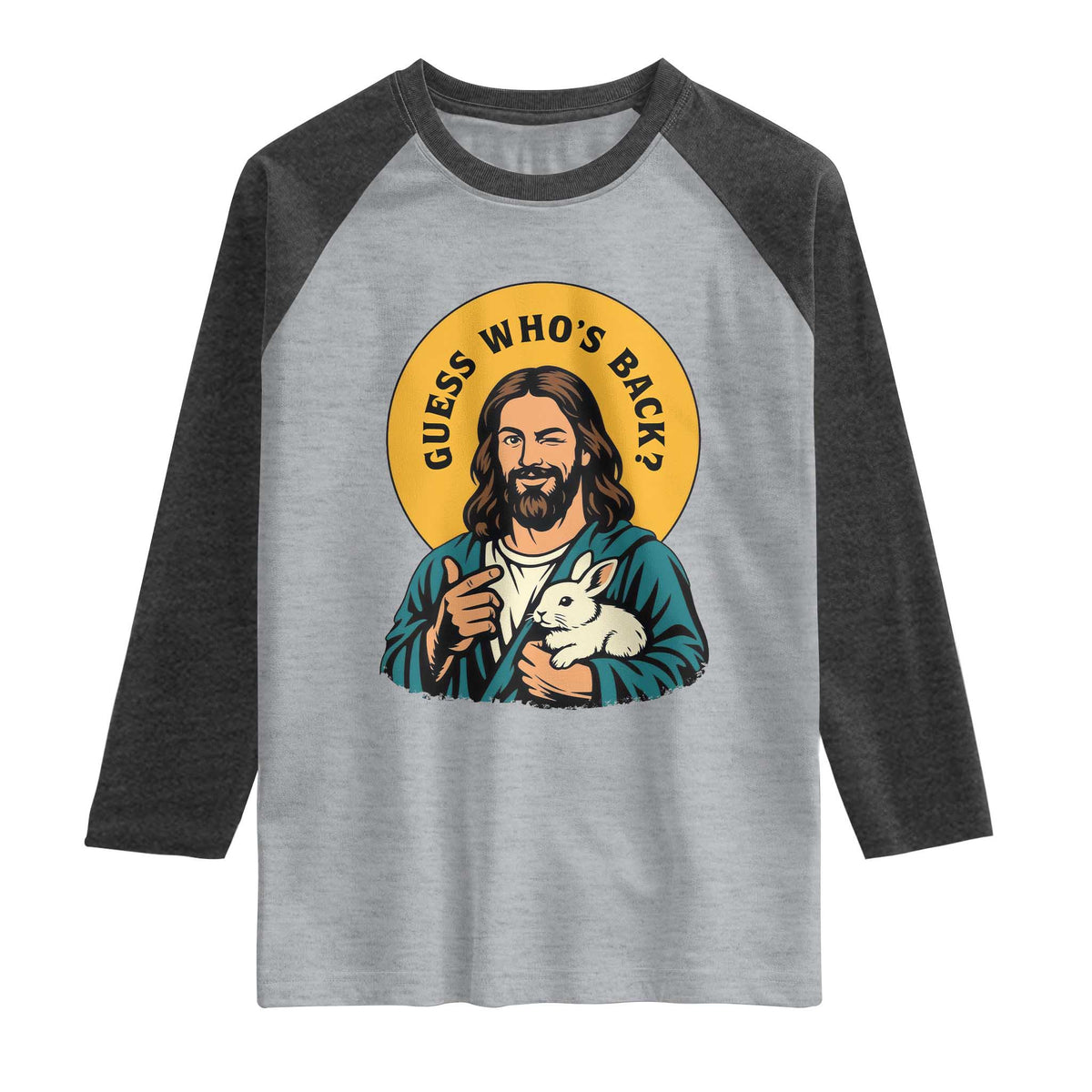 Guess Who is Back Funny Christian Easter Raglan Shirt Winking Jesus with Lamb Cute Resurrection Humor Gift TS02 Heather Gray Heather Charcoal Print Your Wear