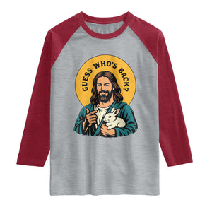 Guess Who is Back Funny Christian Easter Raglan Shirt Winking Jesus with Lamb Cute Resurrection Humor Gift TS02 Heather Gray Heather Red Print Your Wear
