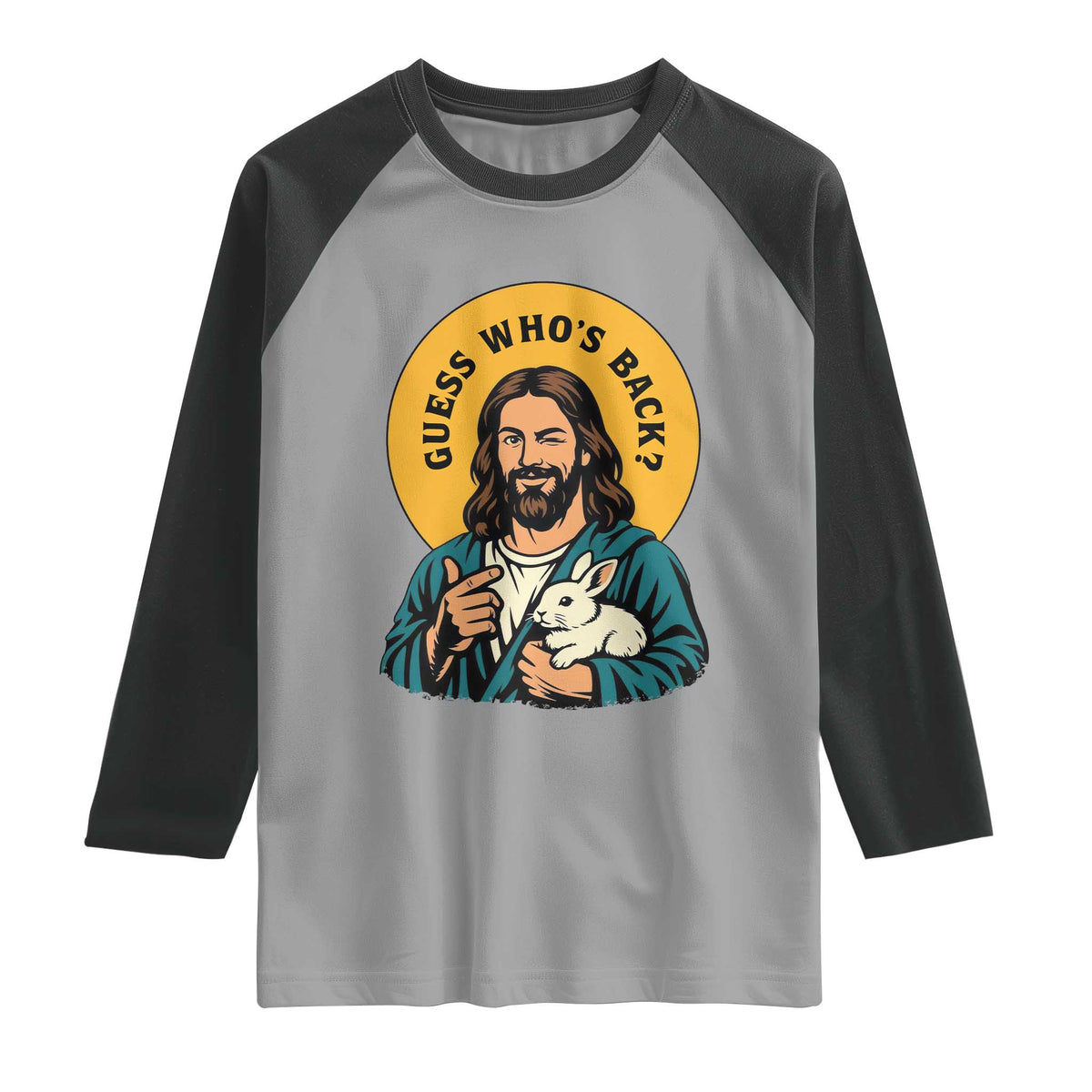 Guess Who is Back Funny Christian Easter Raglan Shirt Winking Jesus with Lamb Cute Resurrection Humor Gift TS02 Sport Gray Black Print Your Wear