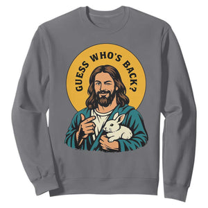 Guess Who is Back Funny Christian Easter Sweatshirt Winking Jesus with Lamb Cute Resurrection Humor Gift TS02 Charcoal Print Your Wear