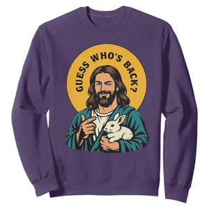 Guess Who is Back Funny Christian Easter Sweatshirt Winking Jesus with Lamb Cute Resurrection Humor Gift TS02 Purple Print Your Wear