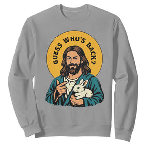 Guess Who is Back Funny Christian Easter Sweatshirt Winking Jesus with Lamb Cute Resurrection Humor Gift TS02 Sport Gray Print Your Wear
