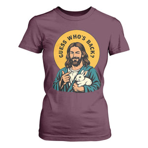 Guess Who is Back Funny Christian Easter T Shirt For Women Winking Jesus with Lamb Cute Resurrection Humor Gift TS02 Maroon Print Your Wear