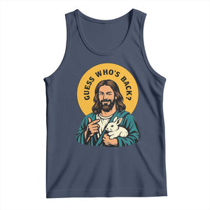 Guess Who is Back Funny Christian Easter Tank Top Winking Jesus with Lamb Cute Resurrection Humor Gift TS02 Navy Print Your Wear