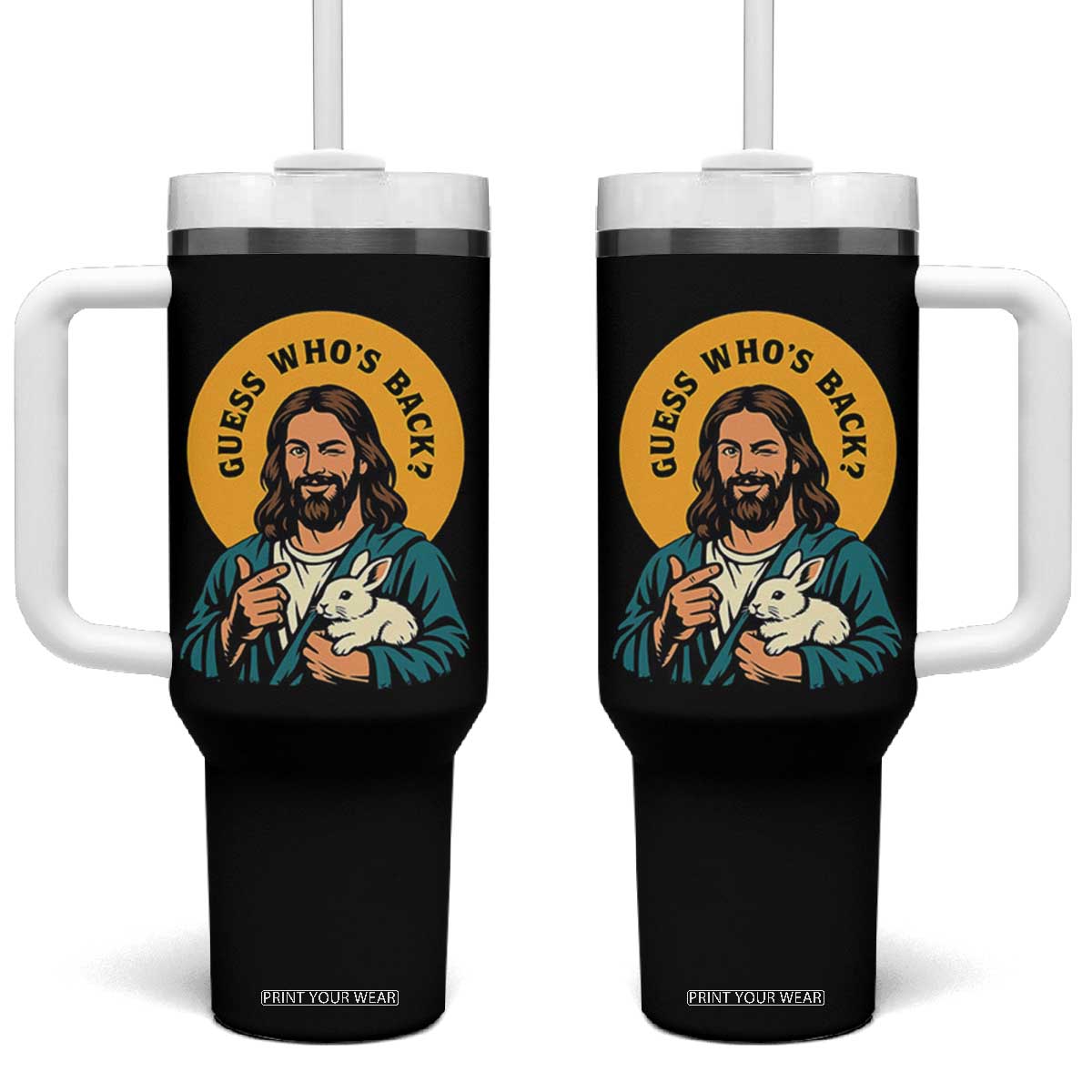 Guess Who is Back Funny Christian Easter Tumbler With Handle Winking Jesus with Lamb Cute Resurrection Humor Gift TS02 One Size: 40 oz Black Print Your Wear